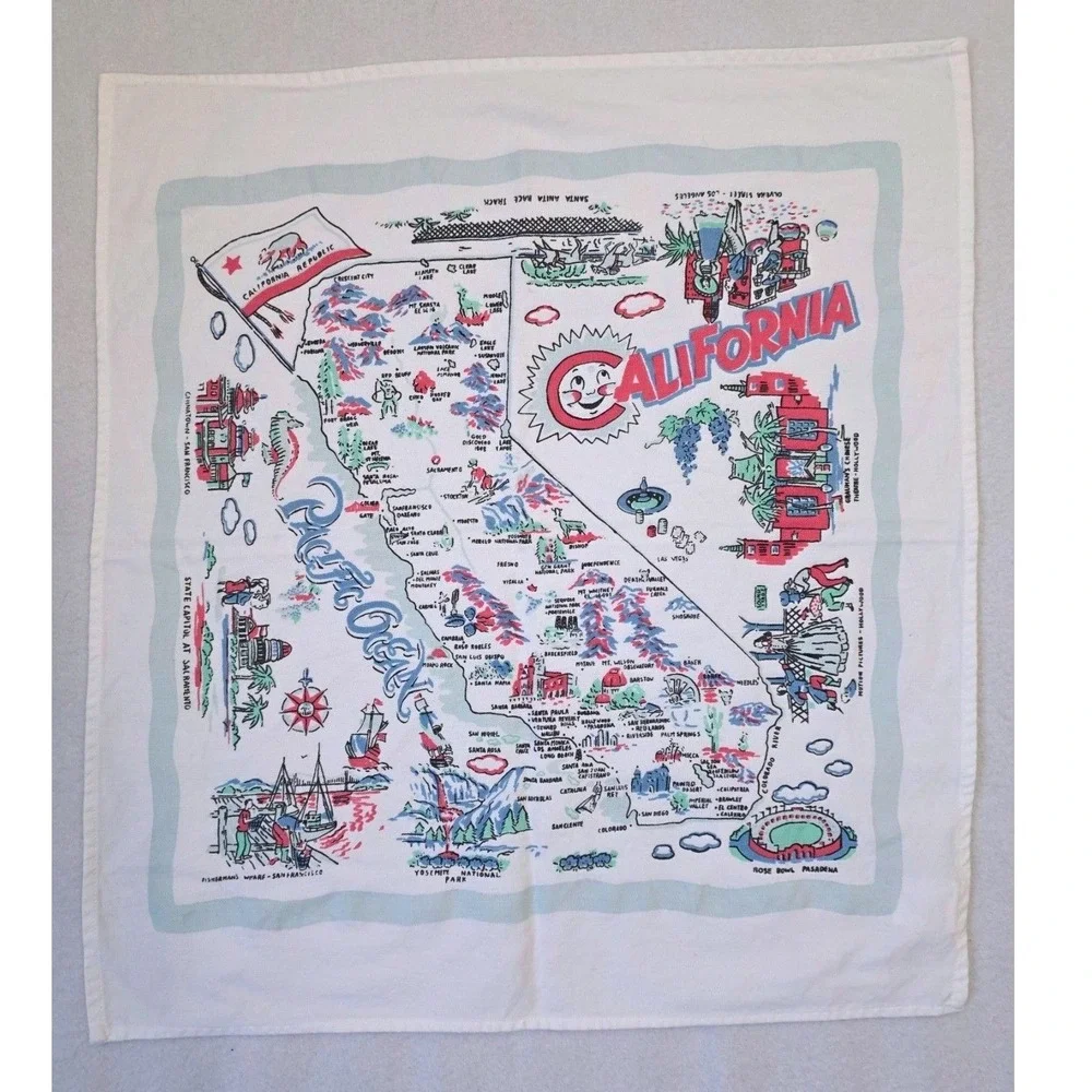 Moda Home California Map Tea Towel OS White Cotton Souvenir Retro Kitsch Decor
